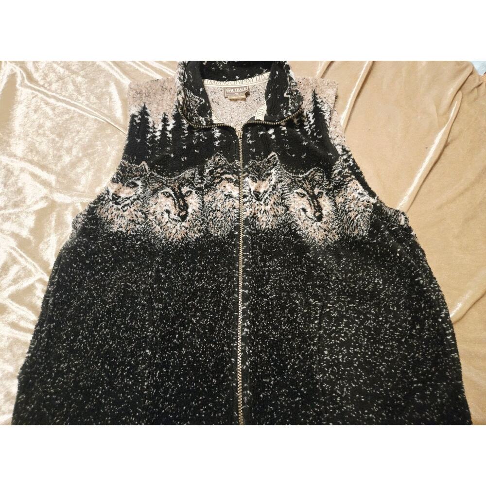 Vtg 90's Black Outback Fleece Vest Mens M Black White Wolves Stars Night Sky